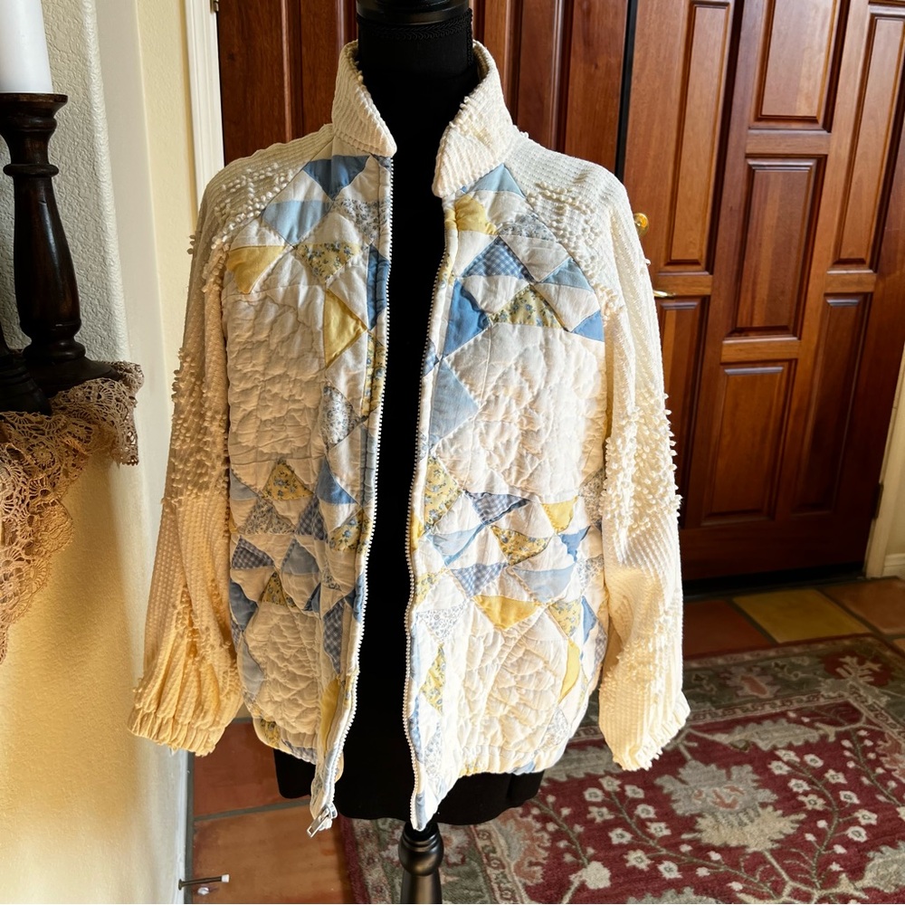 Quilted Patchwork Bomber Jacket - Cream with Blue… - image 1